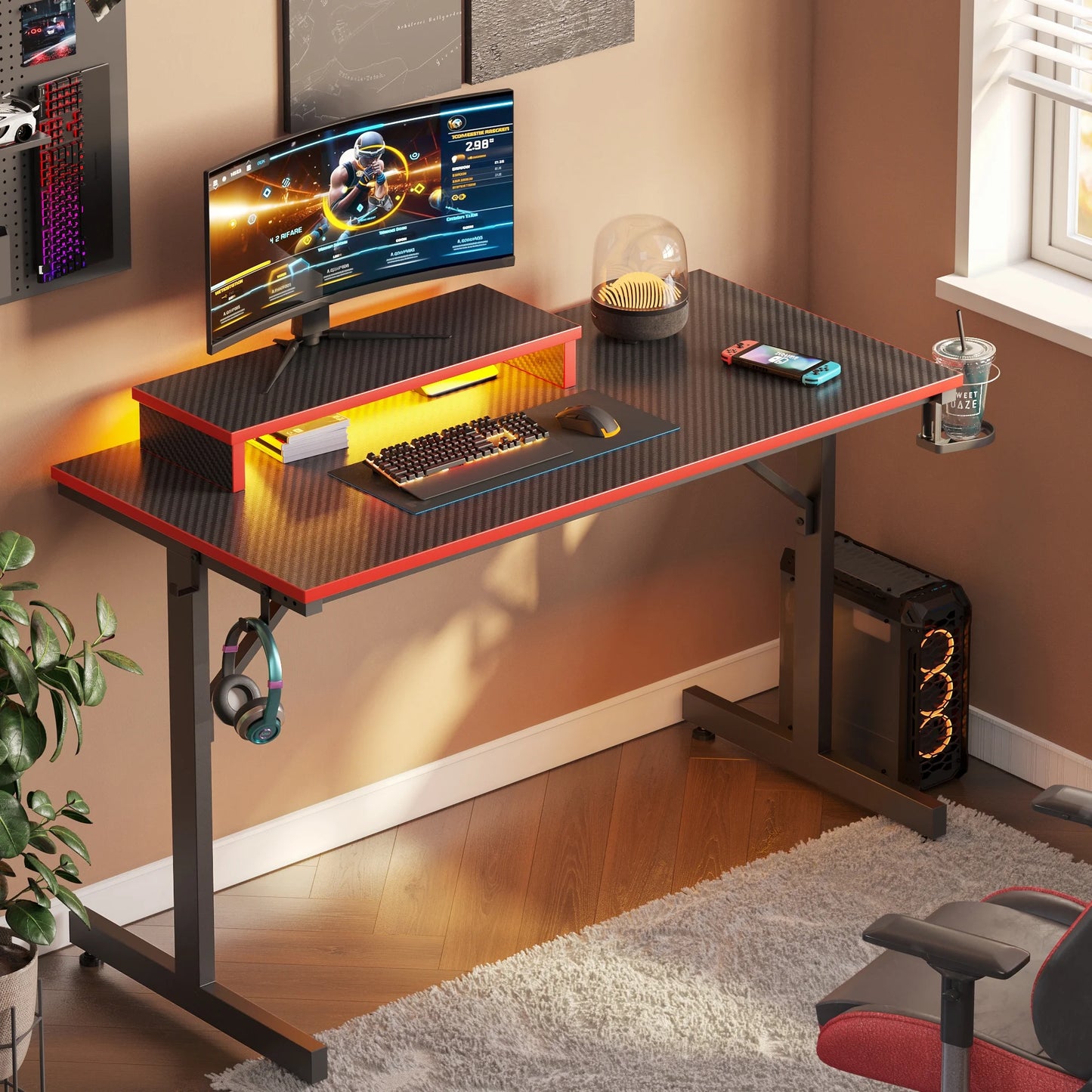 42" Gaming Desk PC Computer Office Gamer Table Desk with LED Lights & Monitor Stand in Red