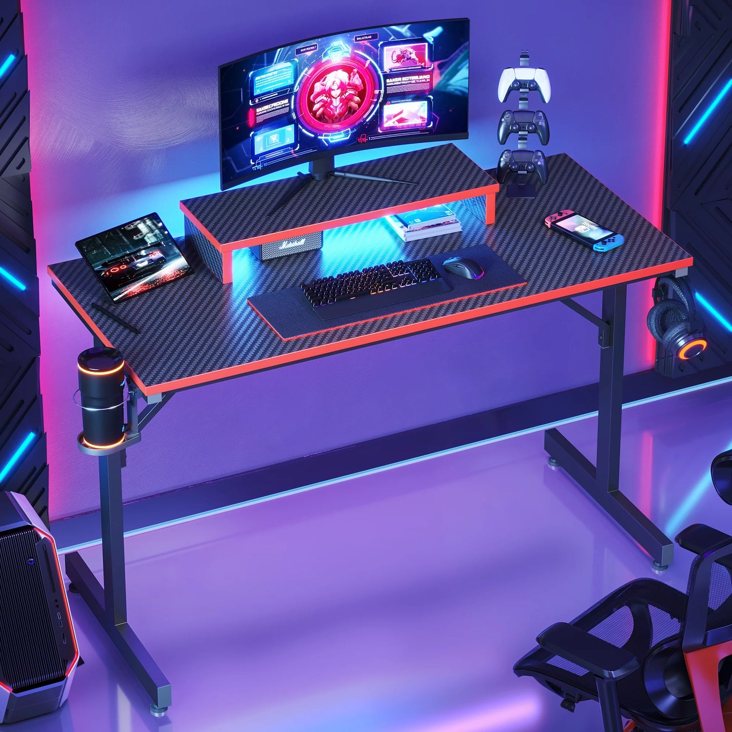 42" Gaming Desk PC Computer Office Gamer Table Desk with LED Lights & Monitor Stand in Red